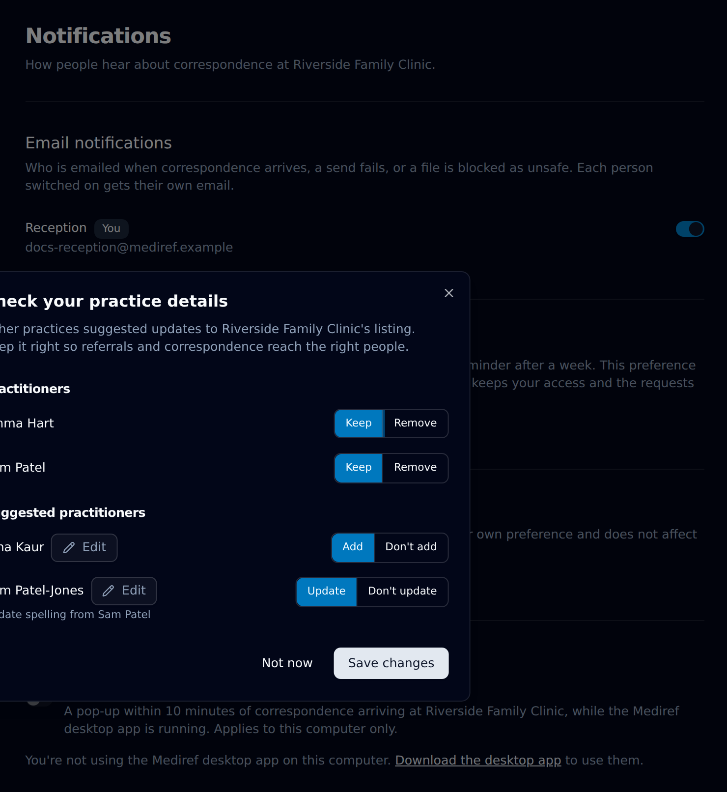 Notifications page with a switch per person under Email notifications, the Requests to join switch, the Newsletter switch, and Desktop notifications below