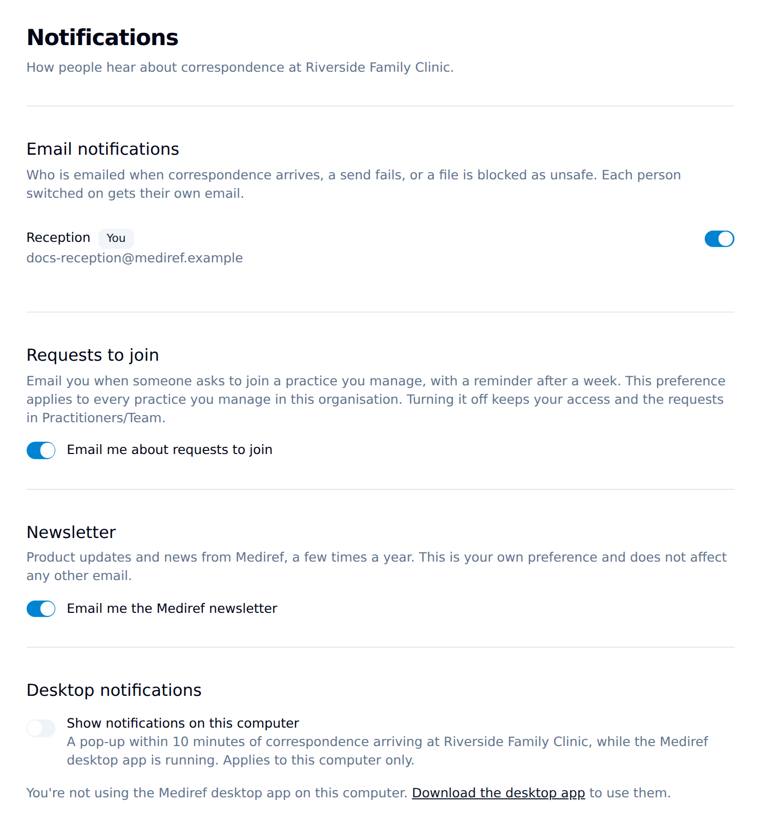Notifications page with a switch per person under Email notifications, the Requests to join switch, the Newsletter switch, and Desktop notifications below