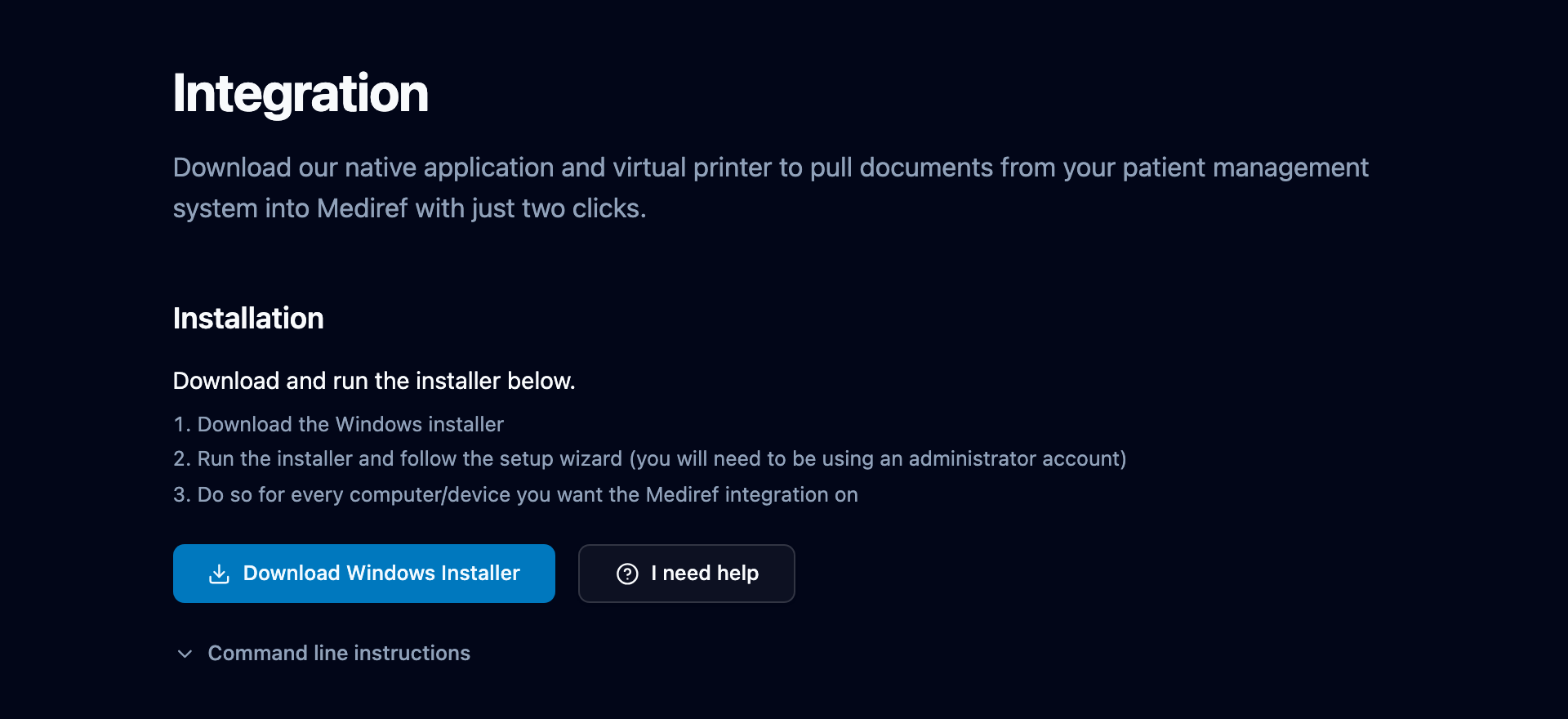 Integration page with the Download Windows Installer button