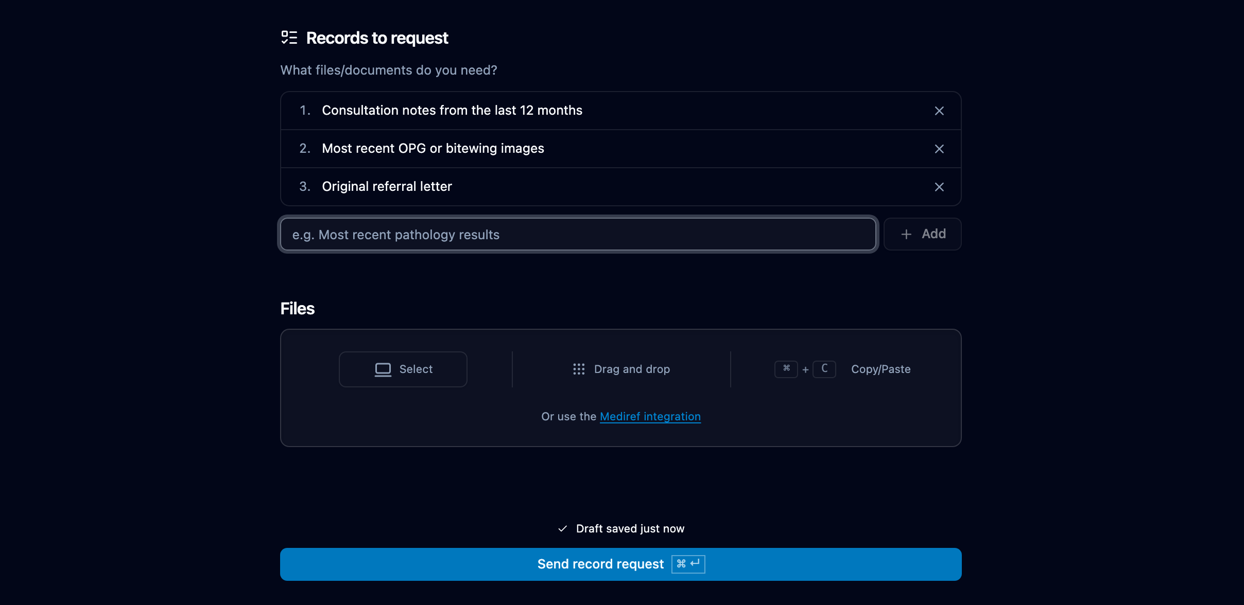Compose in Request records mode, three items listed under Records to request above the Send record request button