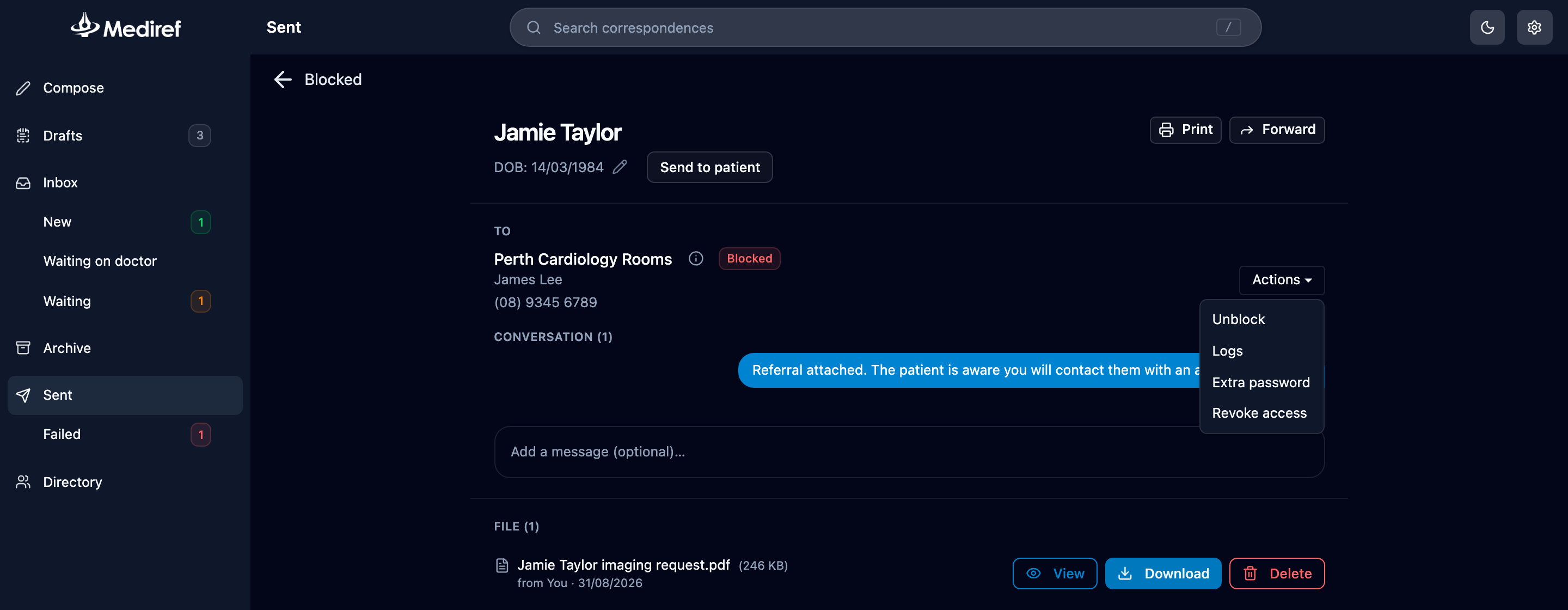 Actions menu on a blocked recipient showing Unblock