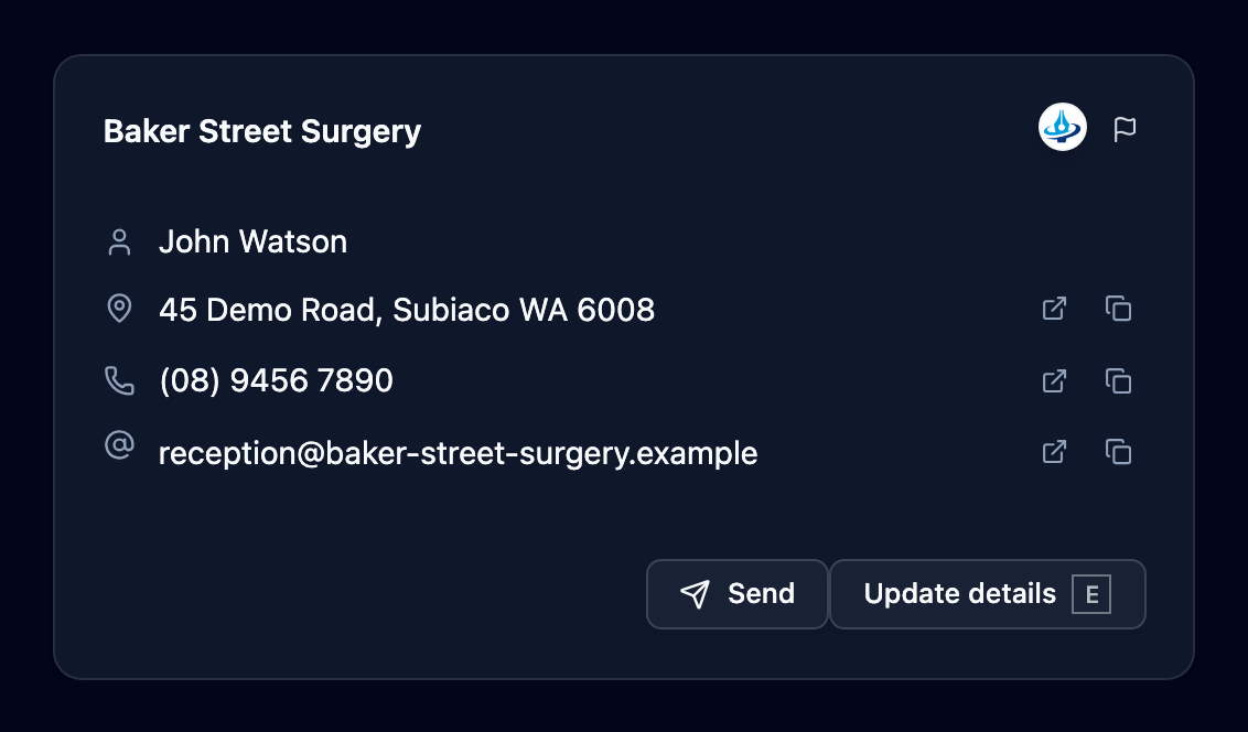 The Update details and Send buttons on a directory entry