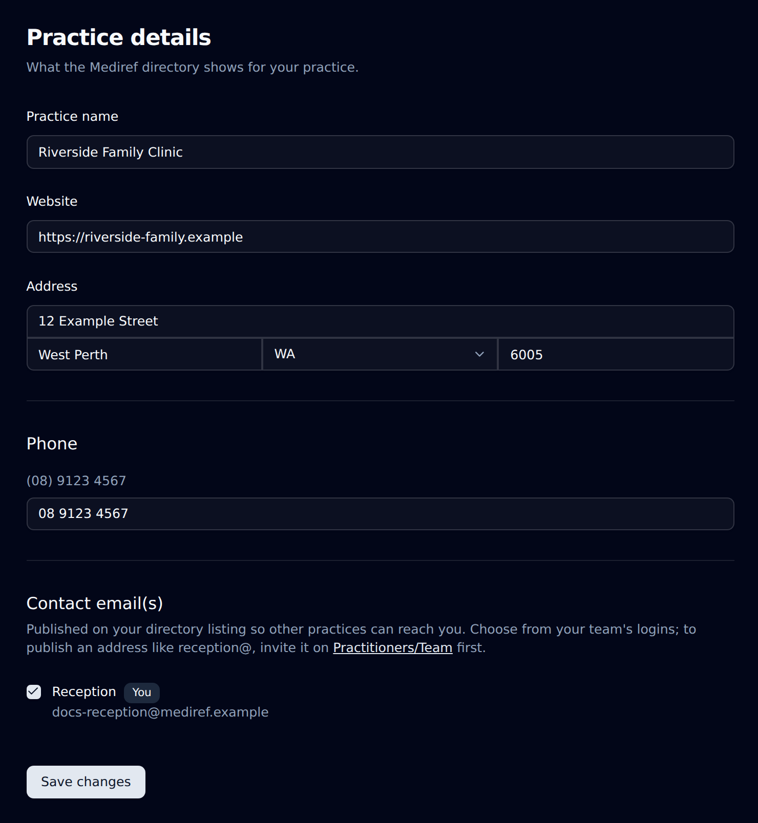 Practice details page with the practice name, website, address, phone and Contact email(s)